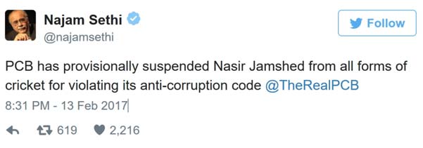 Najam Sethi's Tweet about Nasir Jamshed
